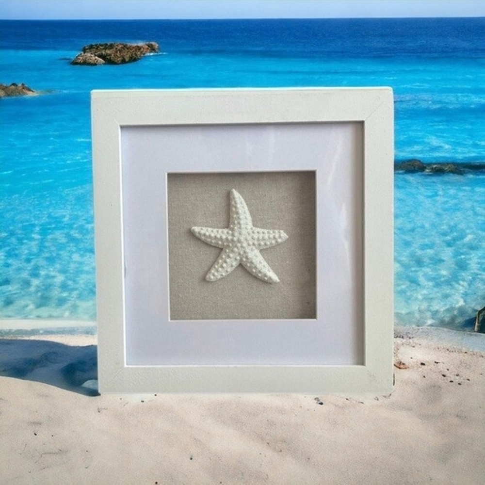 Sand Stone Shell Glass Resin Art Shadow Box 8x8" Starfish Coastal Wall Decor New